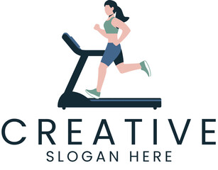 Woman Running on Treadmill Fitness Gym Exercise girl body loss logo icon flat   