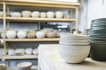 Collection of handcrafted pottery bowls arranged neatly on a wooden display shelf