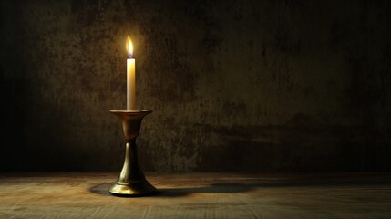 Lit candle in vintage brass holder on rustic wooden surface with soft glow