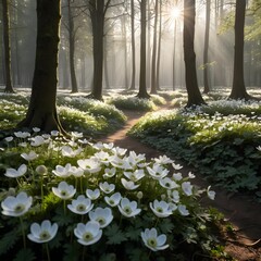 Sunlit Forest Path with White Flowers