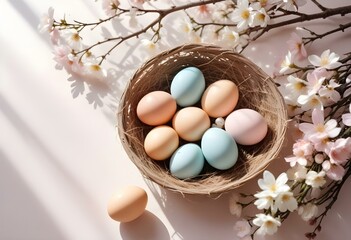 Spring Easter composition with pastel colored eggs