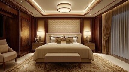3D rendering of a luxury modern bedroom suite in a hotel with elegant decor