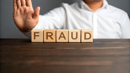 Stop Fraud Concept with Wooden Blocks and Hand Gesture

