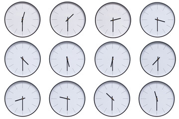 A set of 12 wall clocks with black frames and clean white faces, displaying a different time...