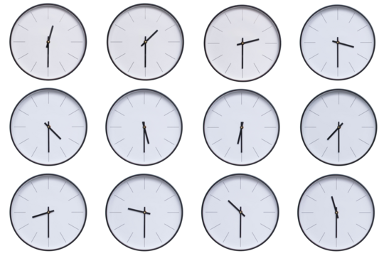 A set of 12 wall clocks with black frames and clean white faces, displaying a different time interval from 00:30 to 11:30 or 12:30 to 23:30. The modern and clean design makes this set ideal for themes