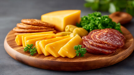 Wooden board with cheese, crackers, salami, and olives