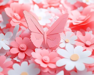 Pink paper butterfly on flowers.