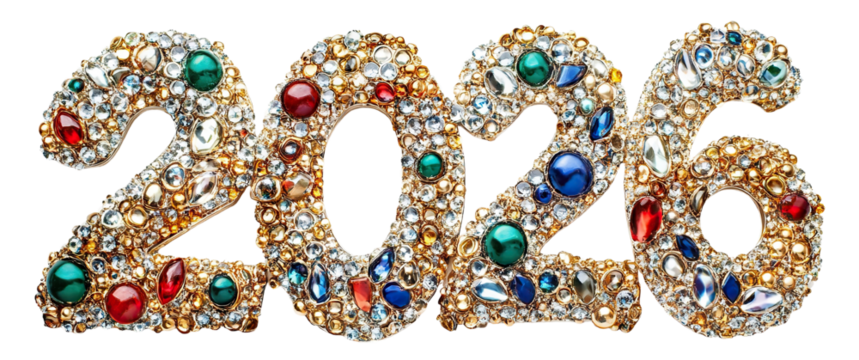 Luxury sparkling 2026 numerals encrusted with colorful gemstones and gold texture, isolated on transparent cutout background