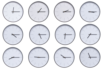 A set of 12 wall clocks with black frames and clean white faces, displaying a different time interval from 00:15 to 11:15 or 12:15 to 23:15. The modern and clean design makes this set ideal for themes
