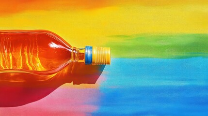 Vibrant water bottle resting on a colorful rainbow background, showcasing vivid hues and reflections