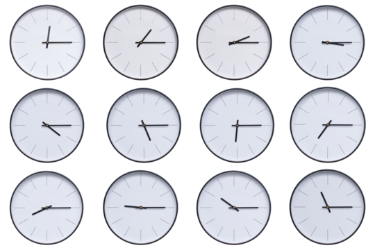 A set of 12 wall clocks with black frames and clean white faces, displaying a different time interval from 00:15 to 11:15 or 12:15 to 23:15. The modern and clean design makes this set ideal for themes
