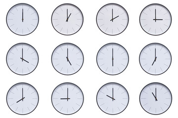 A set of 12 wall clocks with black frames and clean white faces, displaying a different time...