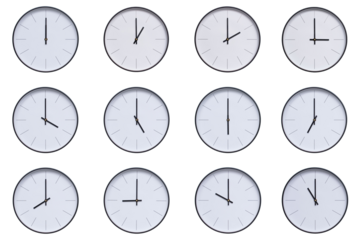 A set of 12 wall clocks with black frames and clean white faces, displaying a different time interval from 00:00 to 11:00 or 12:00 to 23:00. The modern and clean design makes this set ideal for themes