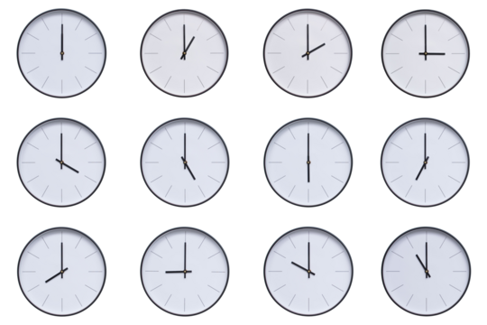 A set of 12 wall clocks with black frames and clean white faces, displaying a different time interval from 00:00 to 11:00 or 12:00 to 23:00. The modern and clean design makes this set ideal for themes