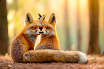 Obraz premium A romantic scene of two foxes sitting close together in a sunlit forest, gazing at the viewer with soft expressions
