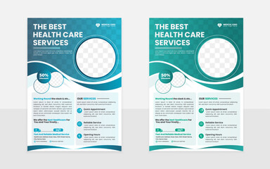 Modern a4 Size Creative medical Flyer design Template with rounded abstract type Green blue shape.