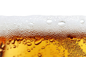 Close-up of golden beer with foam and bubbles, isolated on transparent cutout background