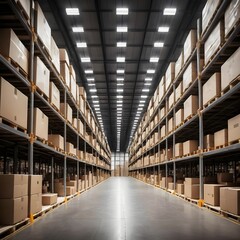 Fototapeta premium Endless Aisles of Cardboard Boxes in a Modern Warehouse