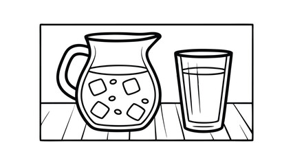 Black And White Cartoon Drawing Of Pitcher With Ice And Glass Of Drink On Table