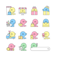 Cute Shopping Character Illustration Set. E-commerce, Payment, Discount, Delivery