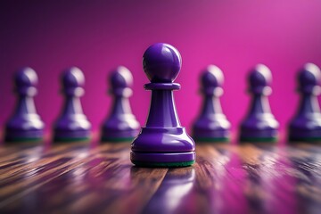 Purple chess pawn, leadership concept, vibrant magenta background, shallow depth of field, line of blurred pawns, strategic positioning, dramatic lighting, minimalist composition, high contrast, woode