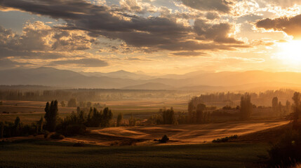 Fototapeta premium An editorial landscape photo of cultivated farmland under intense sunset, high-contrast shadows and golden-amber light streaming across aligned vegetation, distant valley and trees wrapped in haze