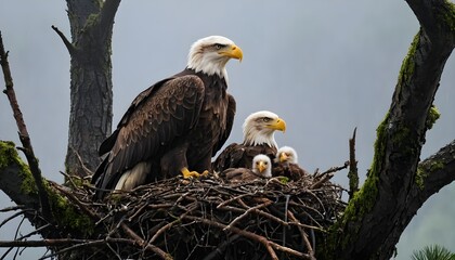 Bald Eagle Family in Rain-Soaked Nest