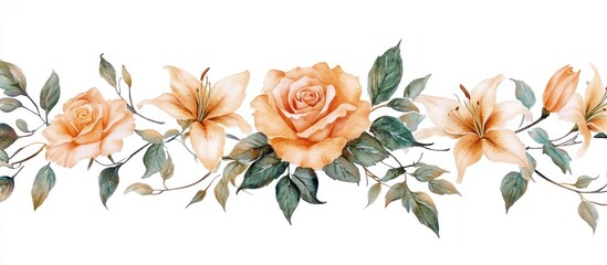 Peach roses and lilies border; floral design; white background; wedding stationery