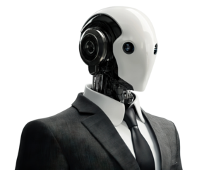 Humanoid robot wearing a formal business suit, isolated on transparent cutout background