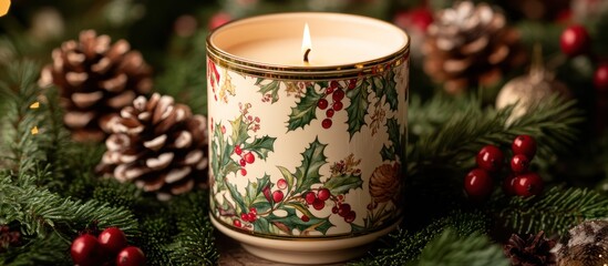Festive candlelit scene with holly and pine