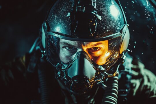 Pilot wearing a helmet and oxygen mask inside a jet with copy space. Intense light. Military airbase background. 