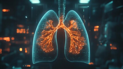   3D illustration of human lungs anatomy. human lungs, data overlay and respiratory diagnostics graphics, asthma focus, sleek futuristic healthcare theme 