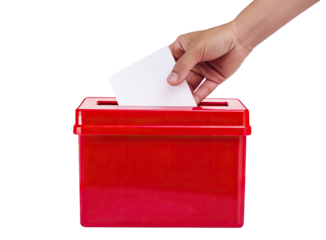 Hand putting ballot paper in the red box, isolated on transparent cutout background