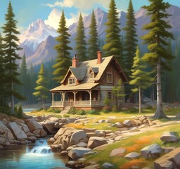 Obraz premium Illustration of spring season landscape with cottage and mountain.