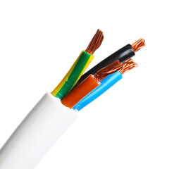 Stripped electrical wire with copper strands isolated on white