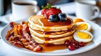 Delicious Stack of Pancakes with Fresh Berries and Bacon Breakfast
