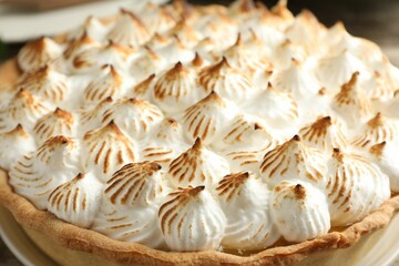 Delicious homemade meringue pie on table, closeup