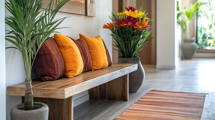 cozy modern hallway with wooden bench vibrant flowers and pillows offering a warm and welcoming space designed with stylish decor and natural home elements