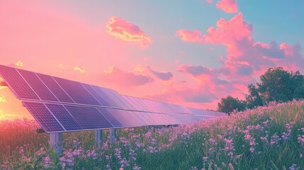 A tranquil rural field with solar panels absorbing last rays of sun, clouds glowing in pastel colors, peaceful and innovative vibe