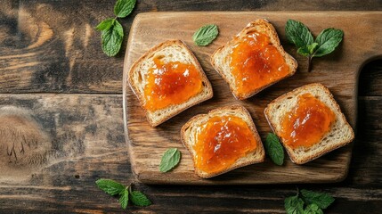 Top view of bread slice smothered in glossy apricot marmalade, garnished with mint on wooden board