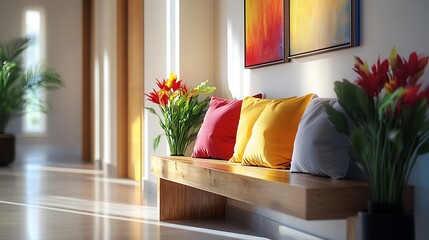 cozy modern hallway with wooden bench vibrant flowers and pillows offering a warm and welcoming space designed with stylish decor and natural home elements