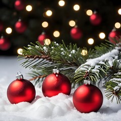 Fototapeta premium Red Christmas Ornaments in Snow with Pine Branch and Lights
