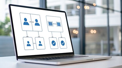 Digital Identity + Biometric Authentication + Security concept, Laptop displaying digital workflow diagram with user icons and data flow charts in a modern workspace.