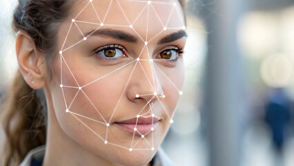 Digital Identity + Biometric Authentication + Security concept, Female face with geometric facial recognition overlay against a blurred background.