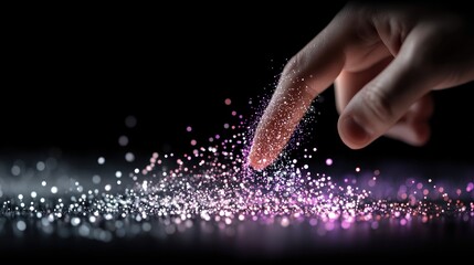 A fingertip connects with a vibrant digital interface representing data flow and advanced technology in a purple ambiance