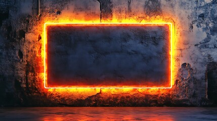 minimalist industrial interior with glowing orange neon frame on textured concrete wall highlighting modern aesthetics and creative visual space design