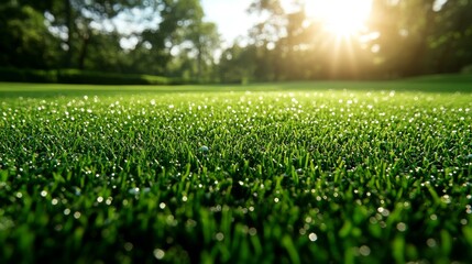 Naklejka premium Dew-kissed grass field bathed in morning sun.