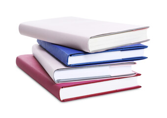 Stack of colorful books on white background