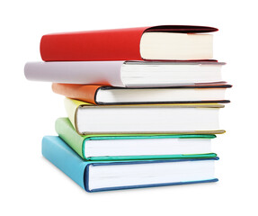 Stack of colorful books on white background