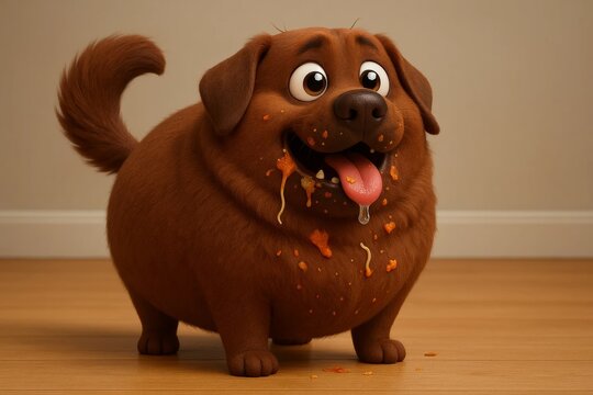 Cute, furry, brown cartoon dog stands on a wooden floor, happily covered in food, with its tongue out and drool dripping. Ai generated